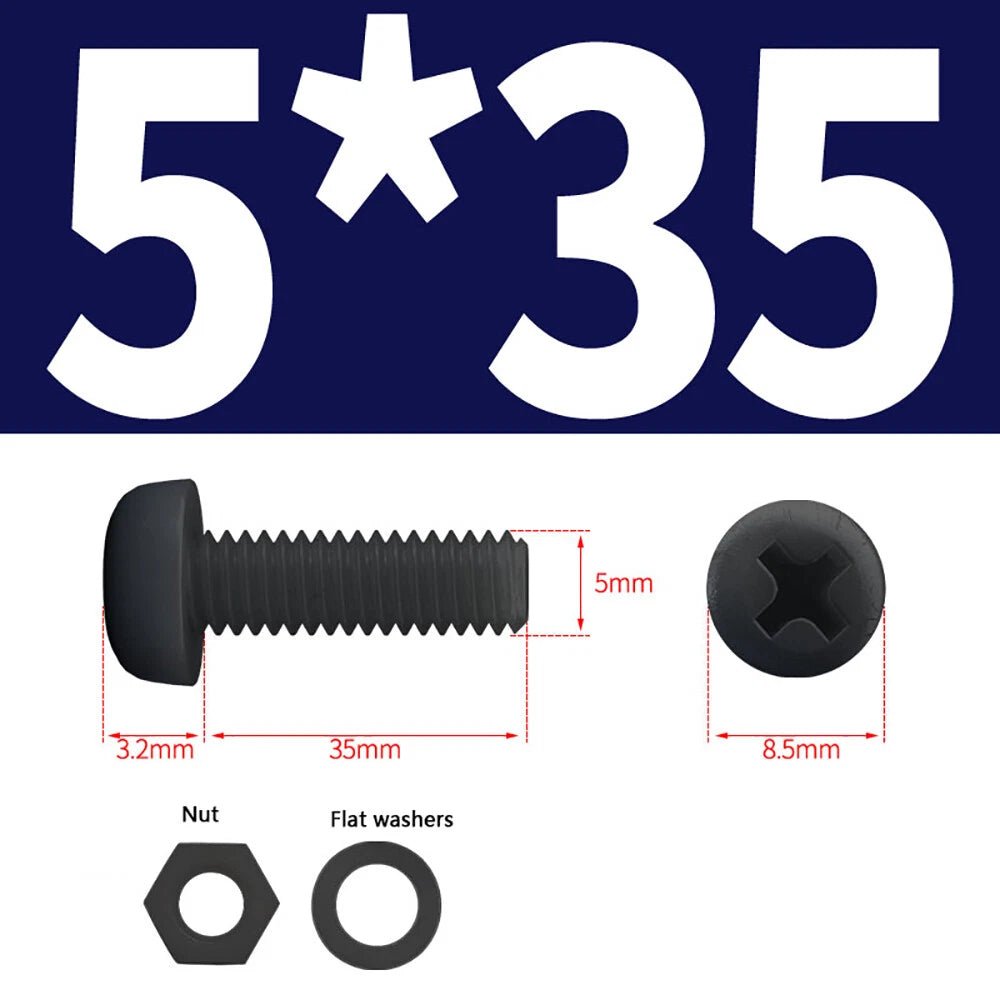 M4 M5 Nylon Phillips Pan Head Machine Screws with Hex Nuts and Flat Washers – White & Black - HomeDIYer