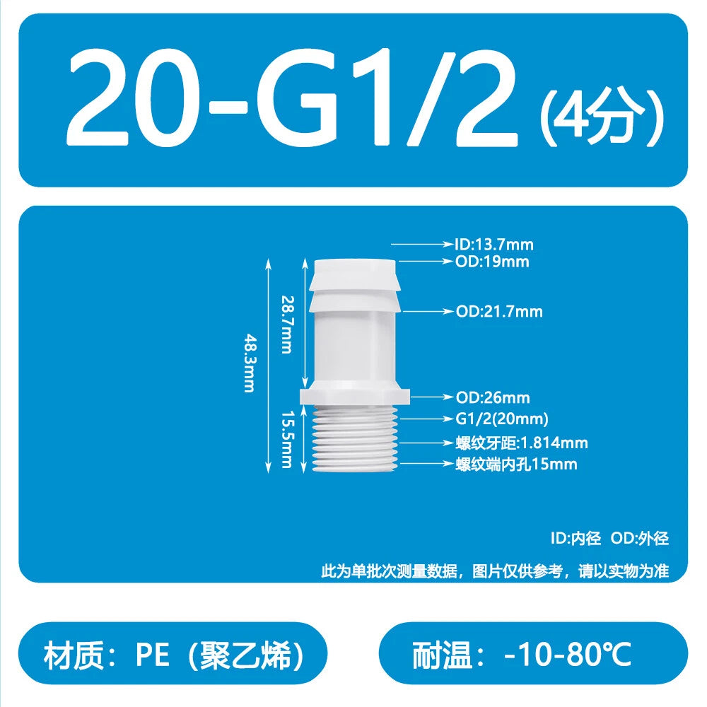 Male Thread Barbed Hose Connector — Plastic Straight Pipe Fitting (BSP, G1/8 to G3/4)