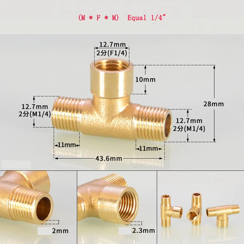 Brass Tee Pipe Fittings – NPT Thread, 1/8" to 2", M/F Configurations