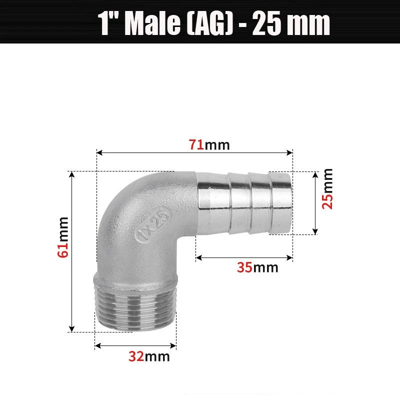 BSP Male Elbow Barbed Hose Connector — Stainless Steel, 1/8" to 1/2", 6–16mm