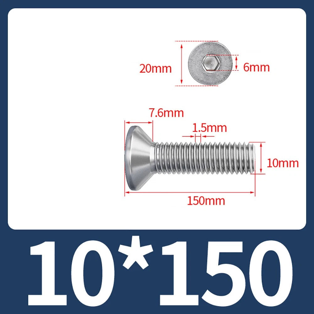 M8 M10 Countersunk Socket Head Screws – 304 Stainless Steel A2, Fully Threaded, 10–150mm