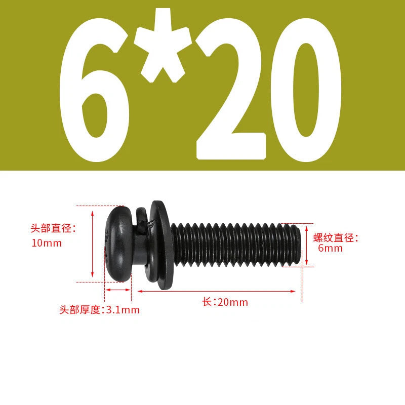 Black Zinc Pan Head Machine Screws with Washers, M2–M6 Pozi Phillips Drive