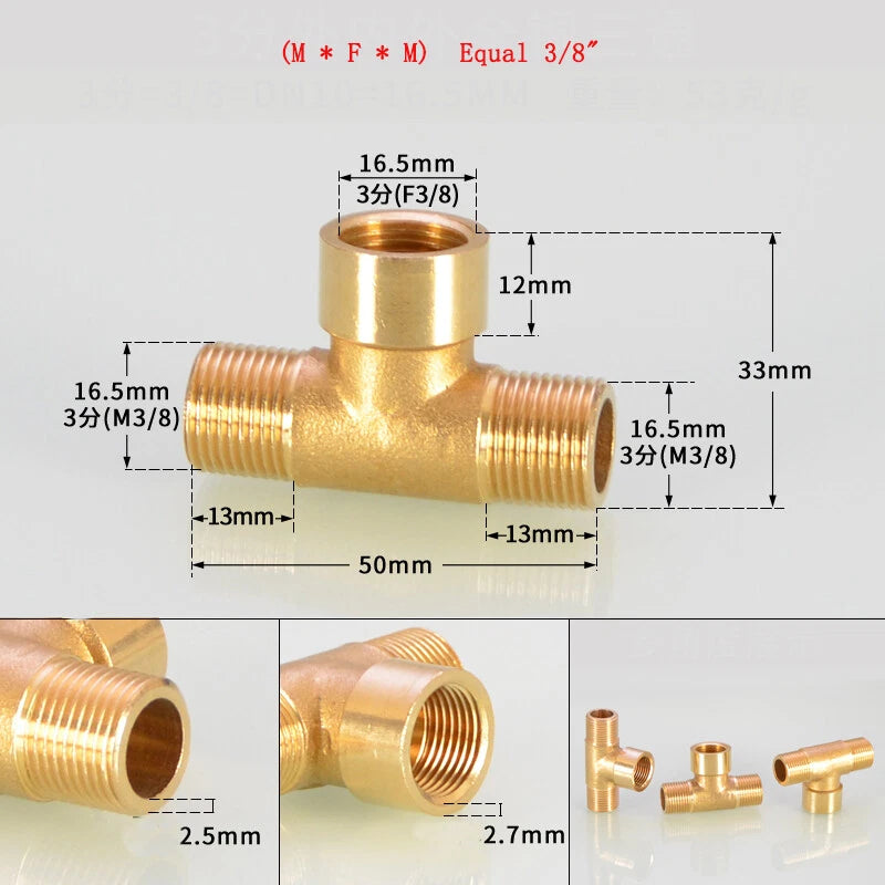 Brass Tee Pipe Fittings – NPT Thread, 1/8" to 2", M/F Configurations