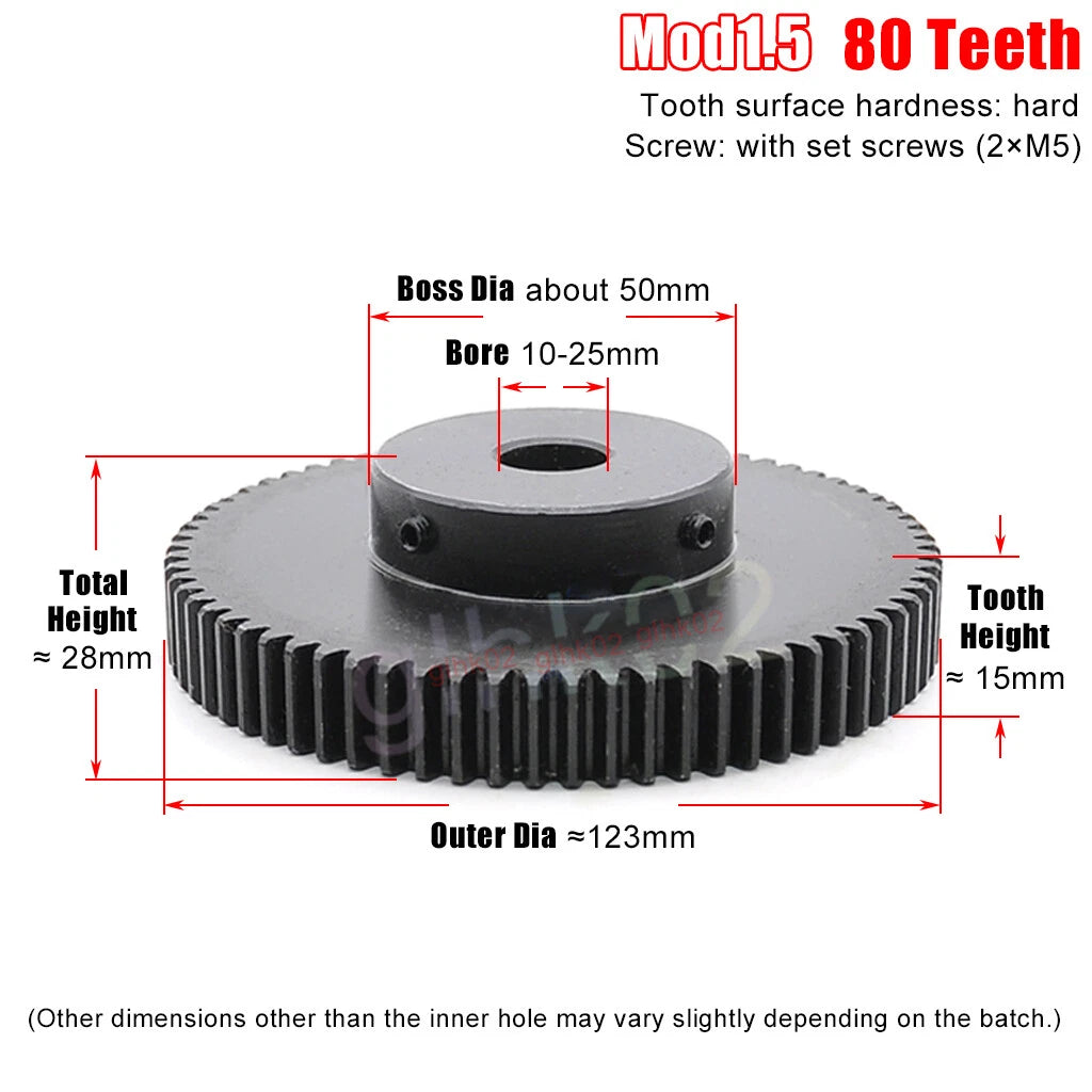 Mod1.5 Steel Pinion Gear Spur Gear 12-100 Teeth 4-25mm Bore With Screw Blackened