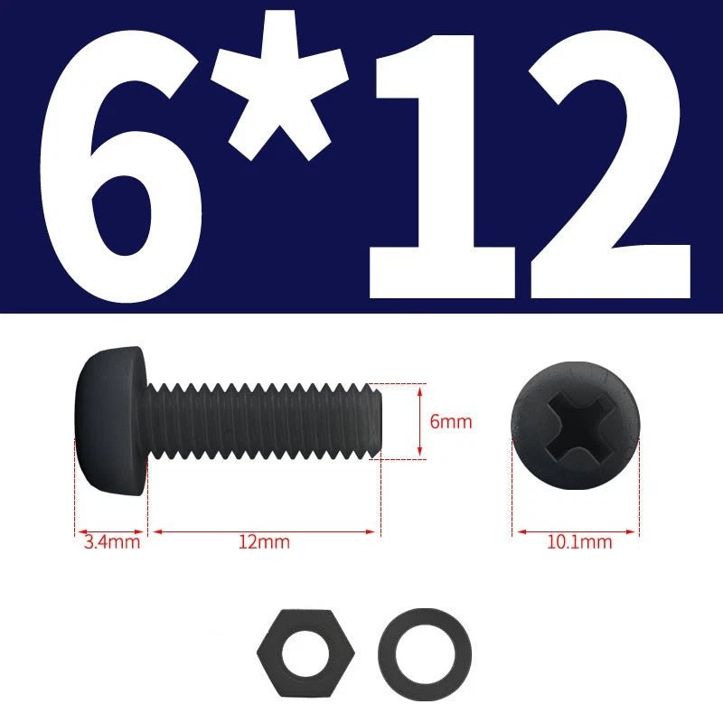 Black Nylon Phillips Machine Screws with Nuts & Washers — Metric M2 to M8 - HomeDIYer