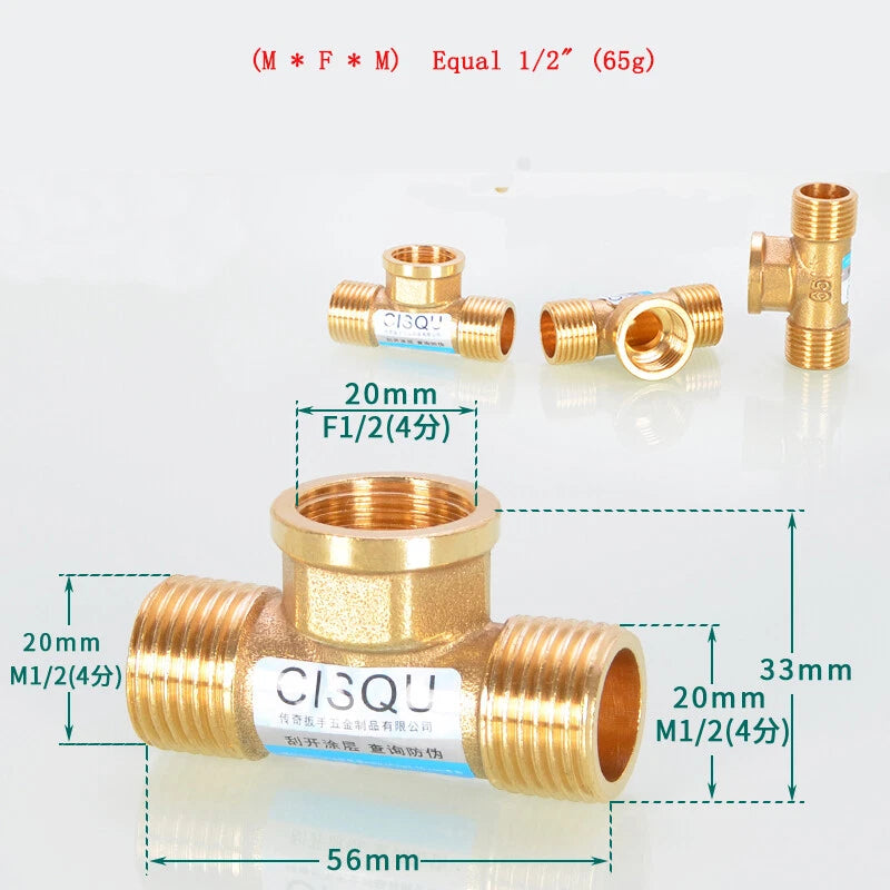 Brass Tee Pipe Fittings – NPT Thread, 1/8" to 2", M/F Configurations