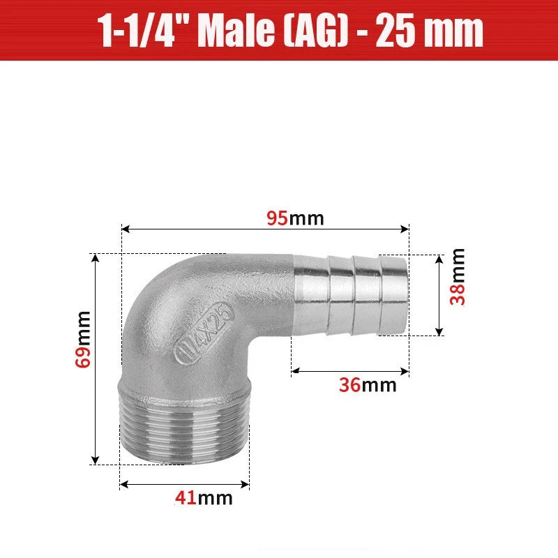 BSP Male Elbow Barbed Hose Connector — Stainless Steel, 1/8" to 1/2", 6–16mm