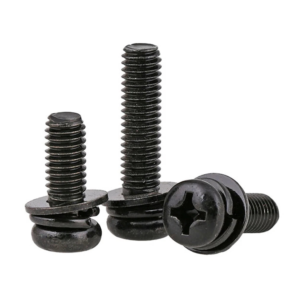 Phillips Pan Head Machine SEM Screws with Spring & Flat Washer | M2.5–M6 Carbon Steel