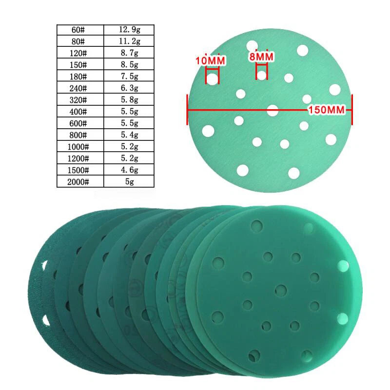 6" 150mm 17 Hole Polyester Film Green Sandpaper Wet Dry Sanding Discs P60-P2000