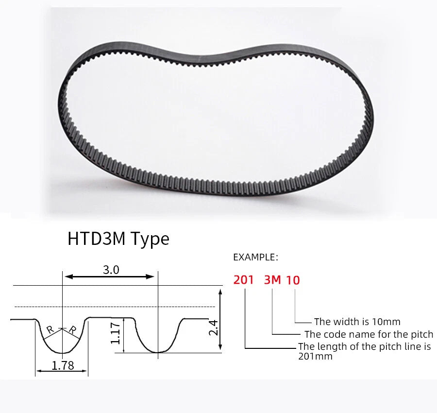 HTD3M Rubber Timing Belt — 10mm Wide, 87mm to 5100mm Closed Loop