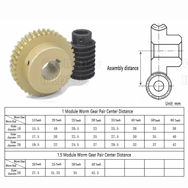 Module 1 1.5 Worm Gear Wheel Brass 15-20-25 - 60 Tooth Worm Shaft 45# Steel