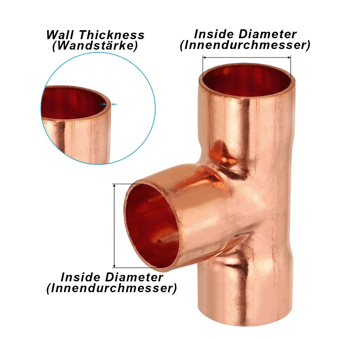 Copper End Feed Tee Fitting — Equal & Reducing T-Type, ID 6.35mm–67mm