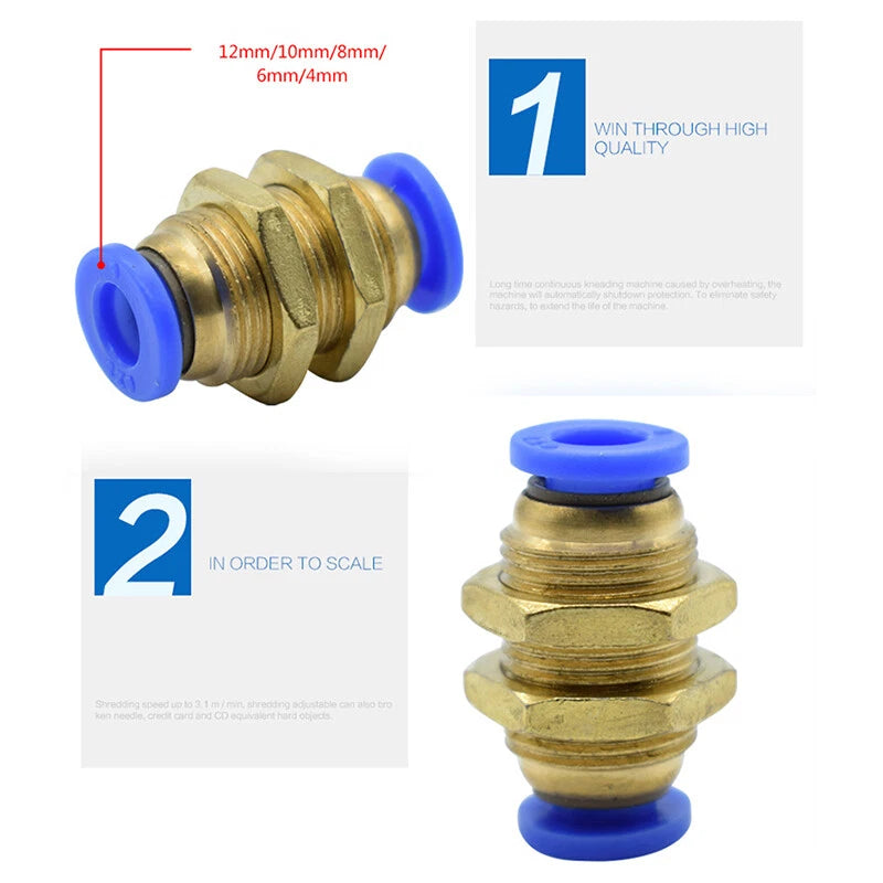 Brass Push-to-Connect Pneumatic Bulkhead Union Fittings — 4mm 6mm 8mm 10mm 12mm