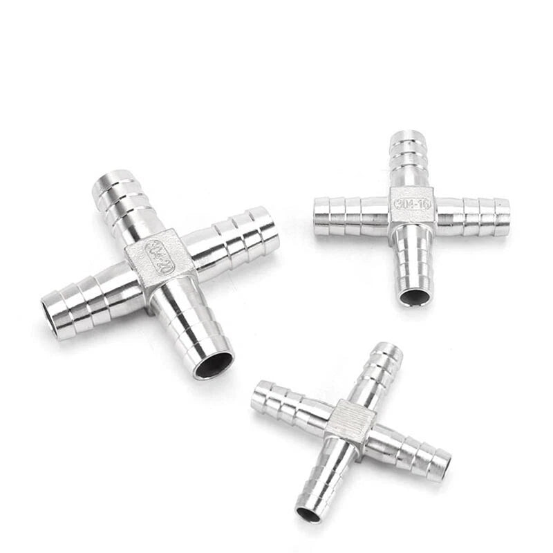 A2 Stainless Steel Cross 4-Way Barbed Hose Connector | 8–25mm | Air Fuel Water Gas