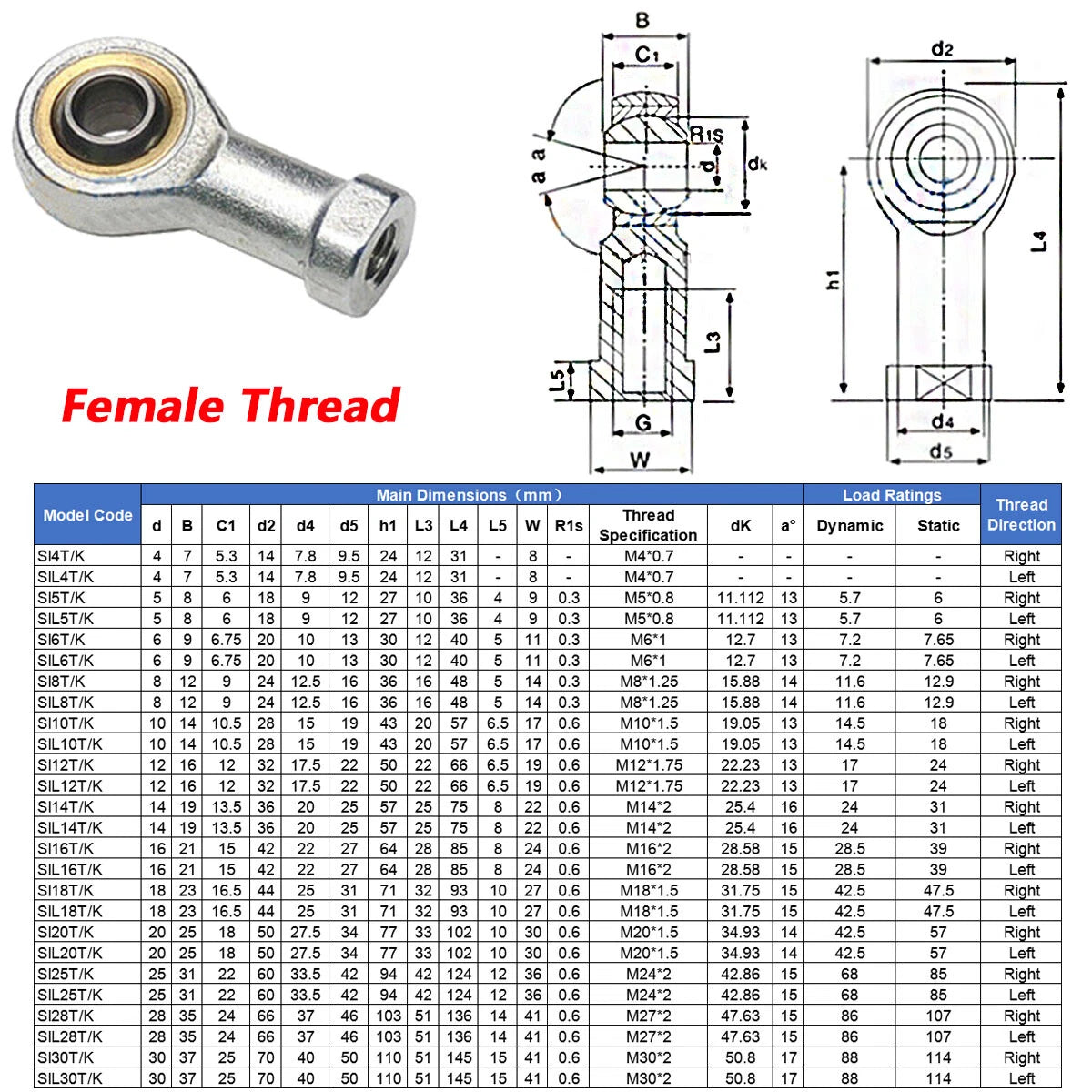 Rod End joint Bearings Right/Left Hand Thread Male/Female M4 to M30 SAT/K SALT/K