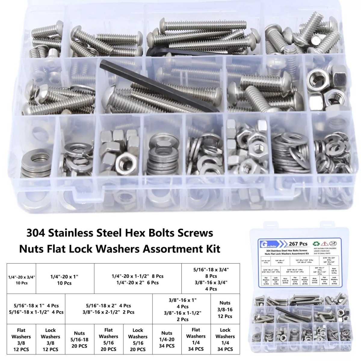 1/4 5/16 3/8 Hex Socket Cap Head Bolts Nuts Assortment Kit A2 Stainless 267 Pcs - HomeDIYer