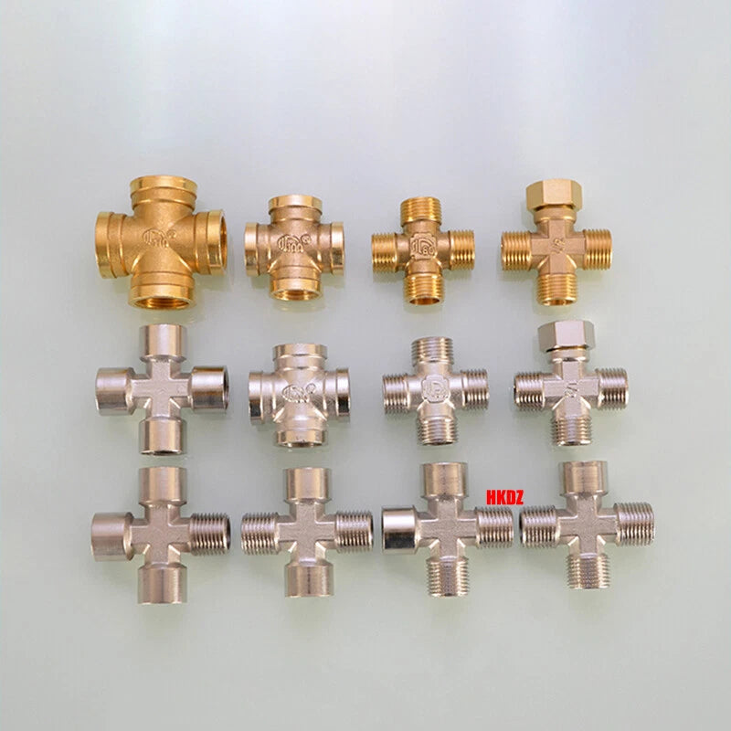 Brass 4-Way Cross Pipe Fitting — 1/2" & 3/4" Male or Female Thread, Water Air Gas