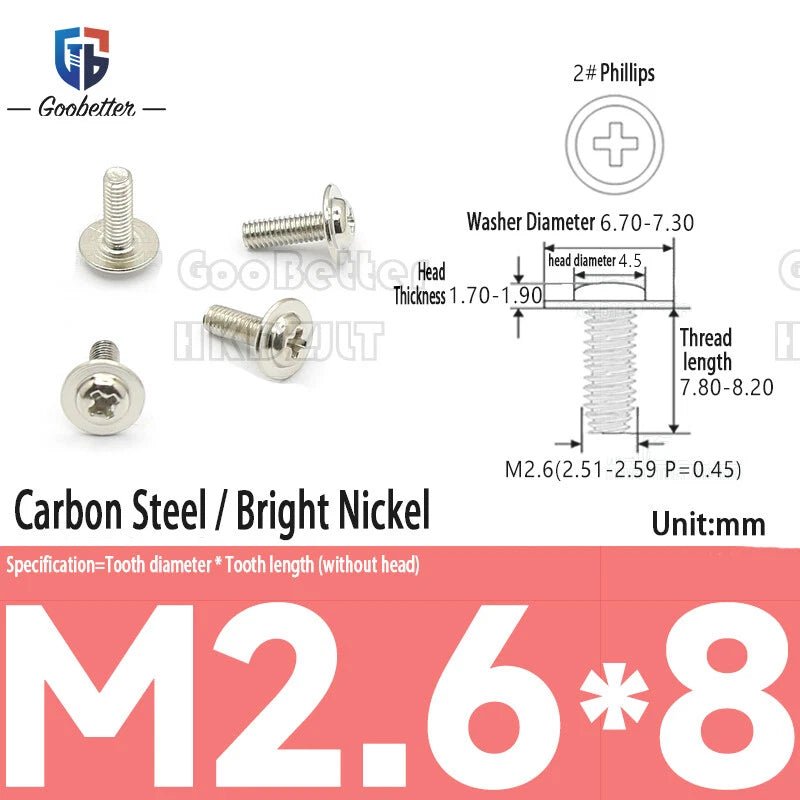 M2.5 / M2.6 / M3 Pan Head Phillips Machine Screws with Integrated Washer — Carbon Steel & Stainless, Multi - Finish - HomeDIYer