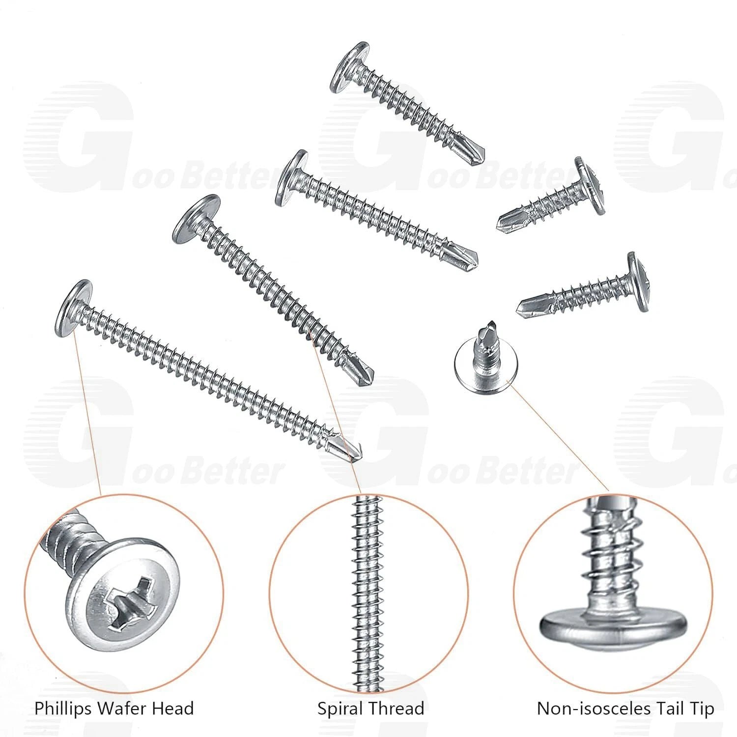 190pcs #8 Wafer Head Self Drilling Screws – 410 Stainless Steel, 1/2″ 5/8″ 3/4″ 1″ 1-1/4″