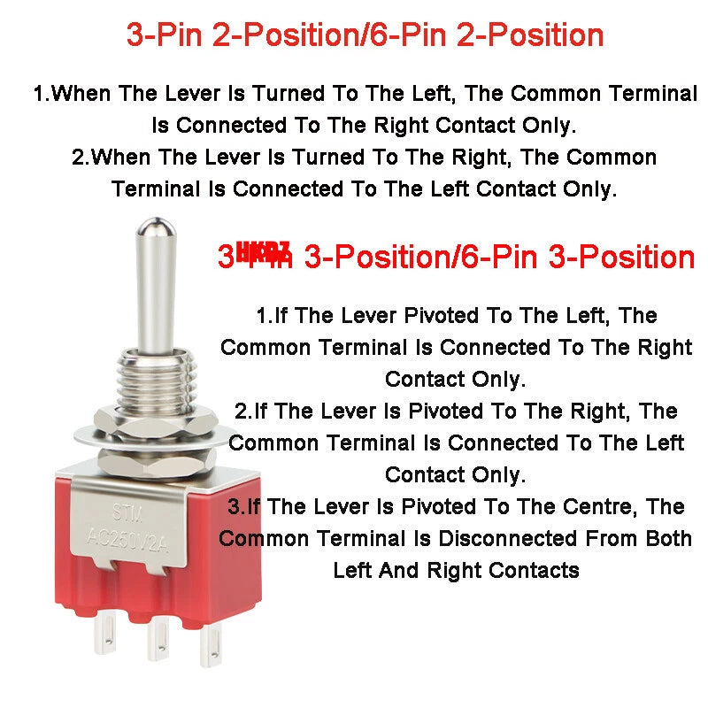 6mm Mini Toggle Switch DPDT 2/3 Position 3/6 Pin — AC 125V 250V for Boat Car DIY
