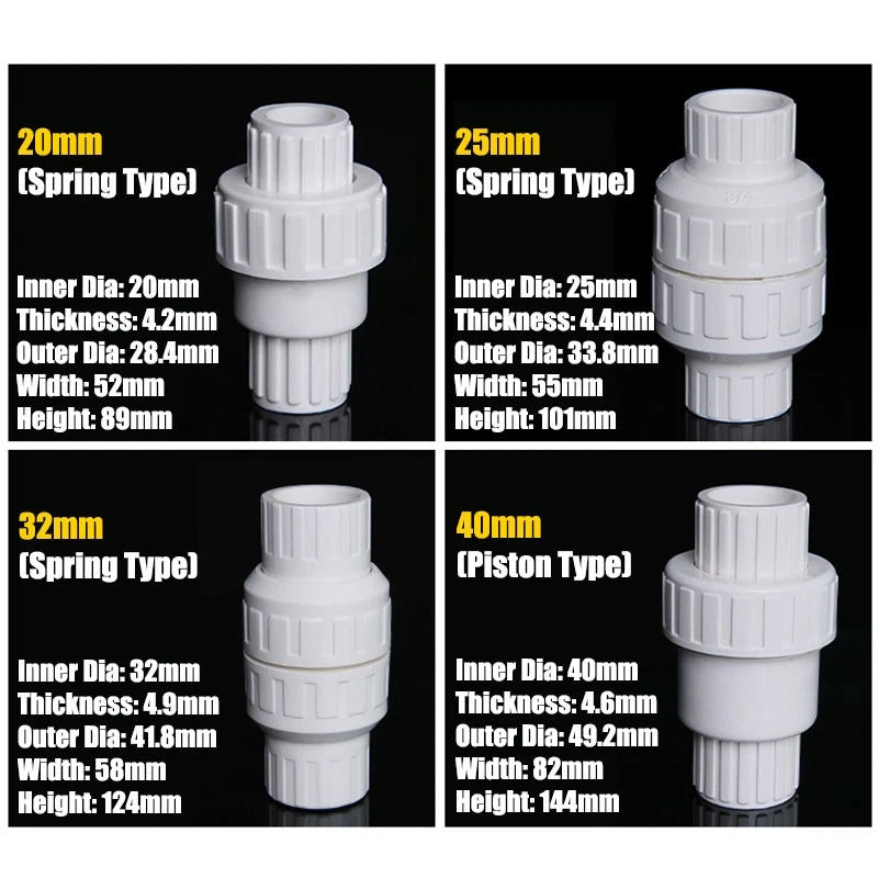 PVC One-way Spring Piston Flap Check Valve Pipe Fittings Ø 32 40 50 63 75 90mm