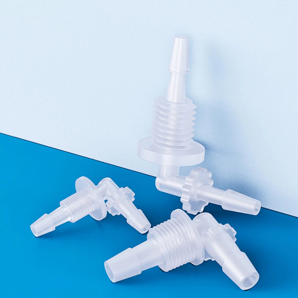 Bulkhead Elbow Barbed Hose Connector — Plastic Pipe Fitting with Thread Adapter, Nut & Gasket
