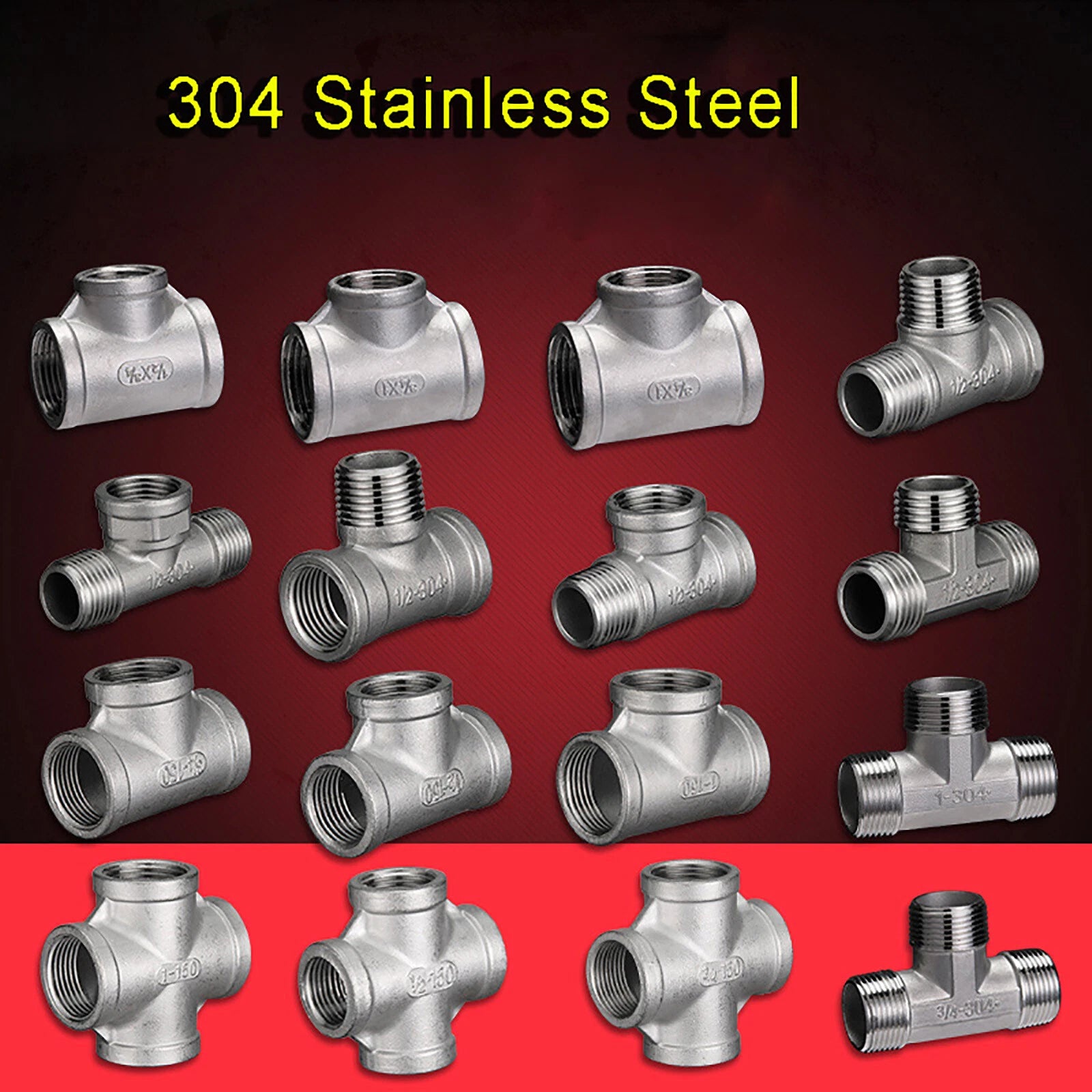 BSP Tee & Cross Pipe Fittings — 304 Stainless Steel, 1/8" to 2", Equal & Reducer