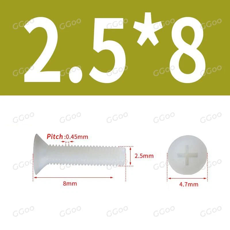 White Nylon Phillips Flat Head Machine Screws DIN 965 — M2.5 M3 M4 M5 M6 M8