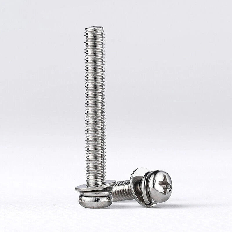M4 M5 Phillips Pan Head Screws with Washer – 304 Stainless Steel Machine Bolts, Fully Threaded