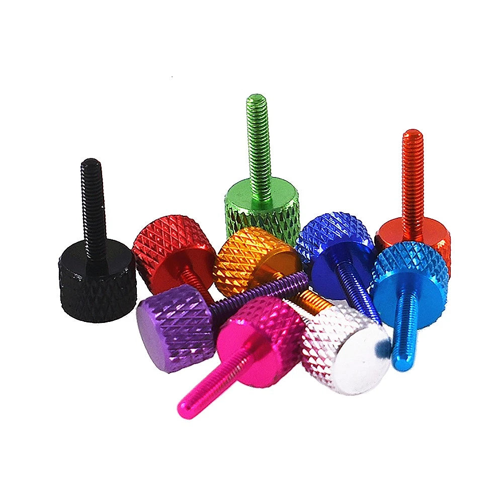 M2.5x12mm Aluminum Thumb Screws for PC Case — Knurled, Colored, Flat Head