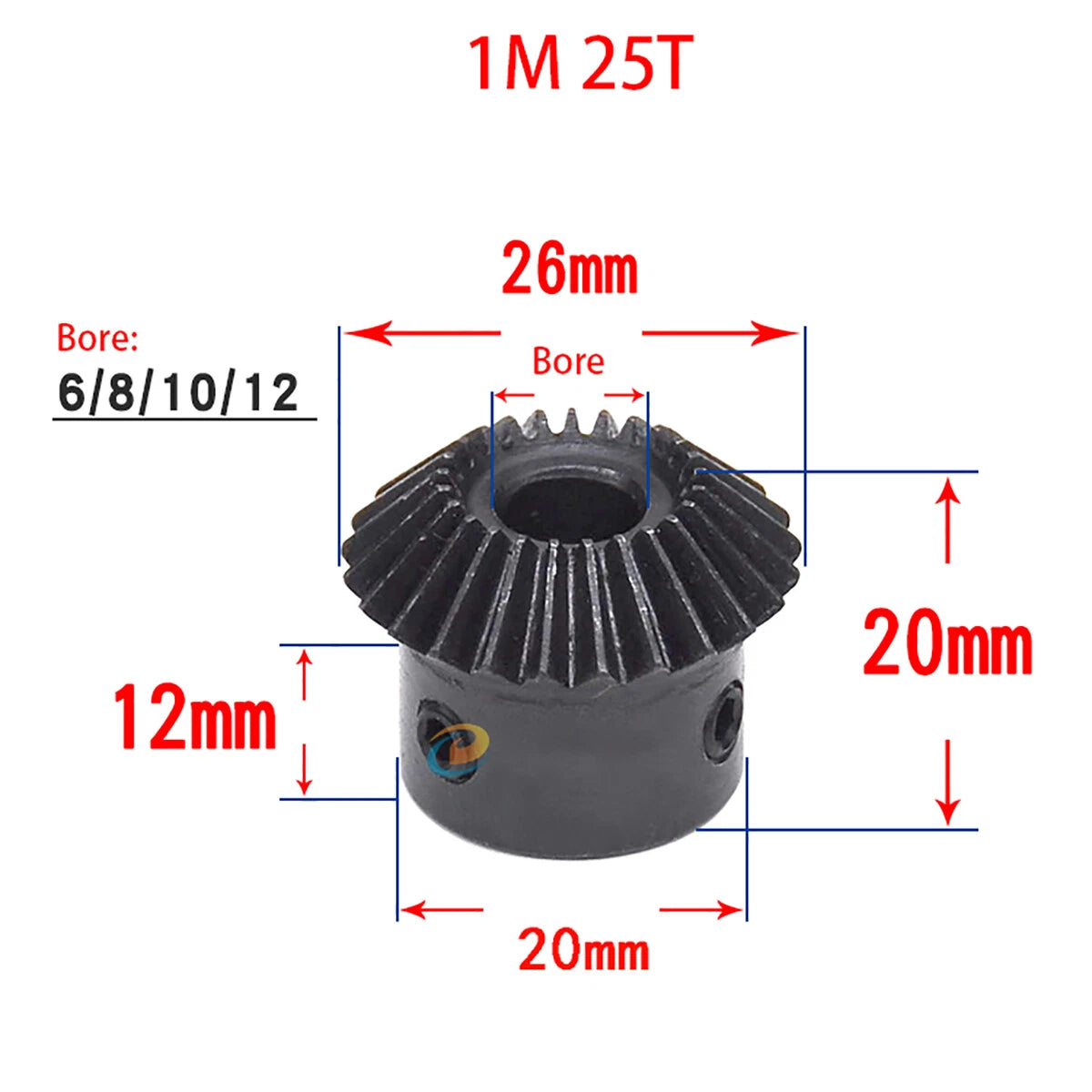 1 Mod Bevel Gear 20T/25T/30T Bore 5-12mm 90°1:1 Pairing Metal Transmission Gear