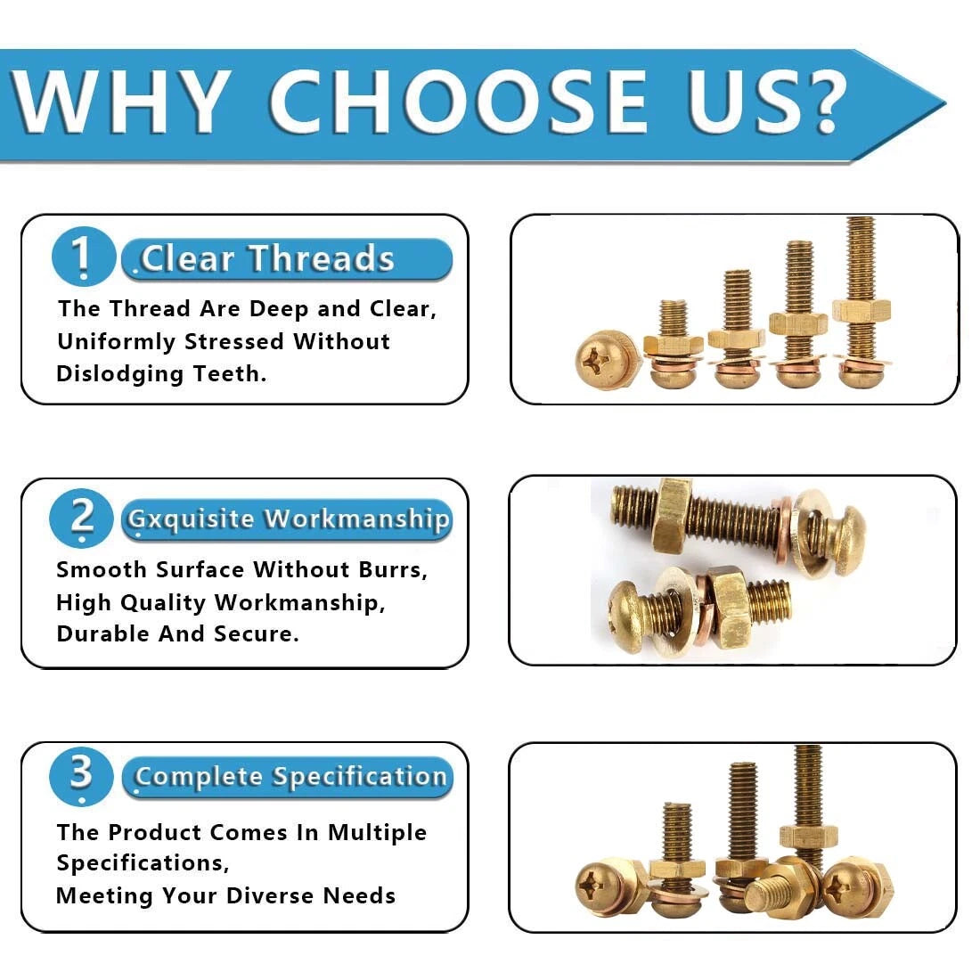 M3 M4 M5 M6 M8 Brass Phillips Pan Head Machine Screws with Hex Nuts & Washers
