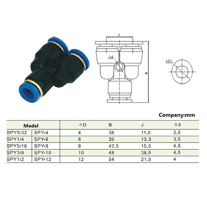 Pneumatic Y Union Splitter Push In Fitting — 3-Way Air Hose Connector, Tube 4–12mm