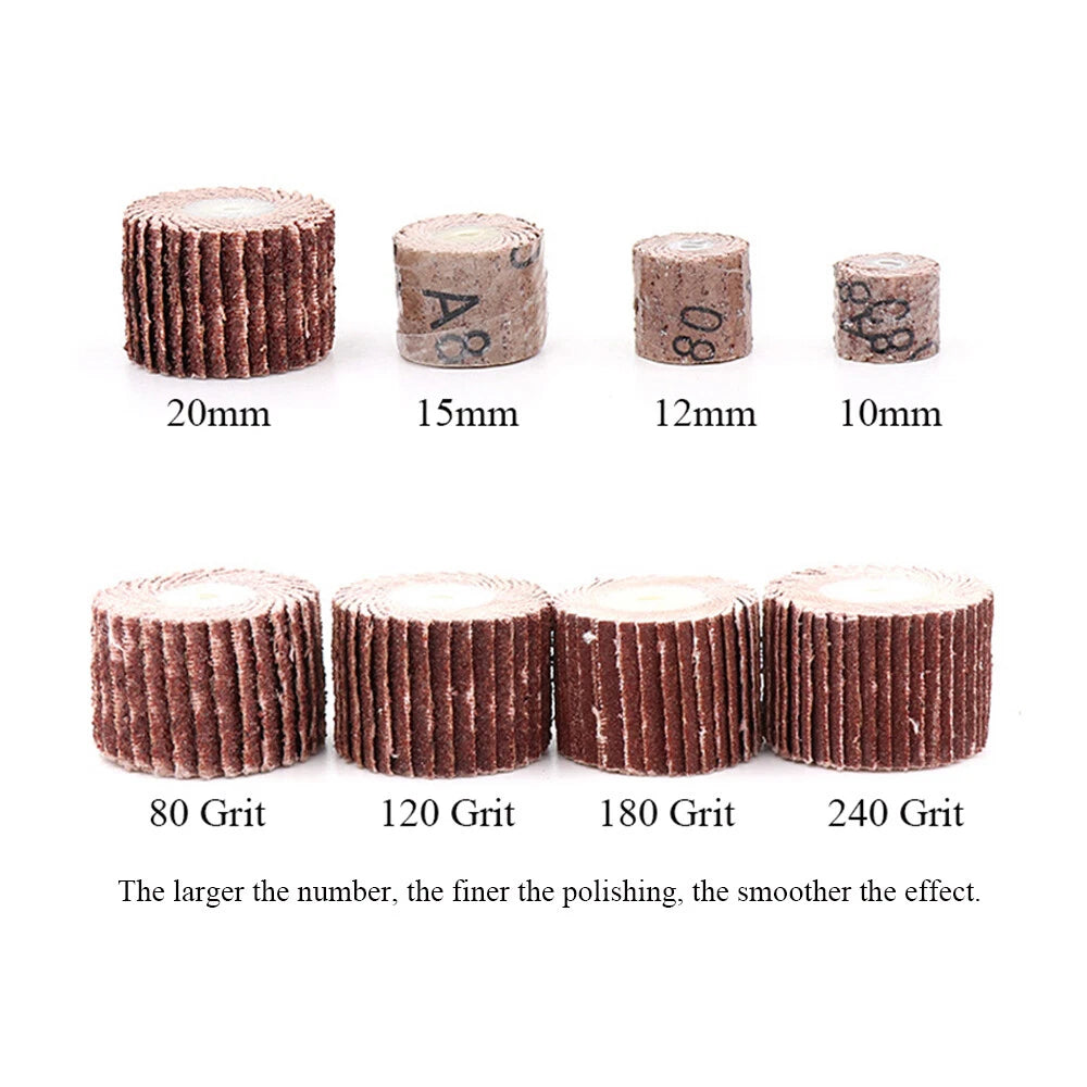 10-20mm Flap Wheel Sanding Discs 80-600 Grit with 3mm Mandrel – Dremel Rotary Tool Polish