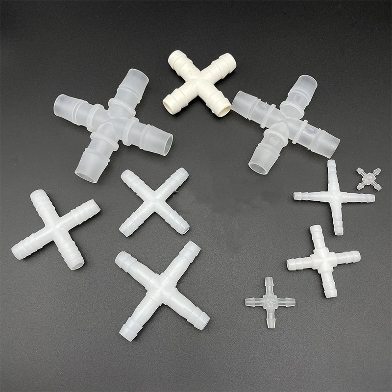 Cross 4-Way Barbed Plastic Hose Joiner Connector | 2.4mm–12.7mm