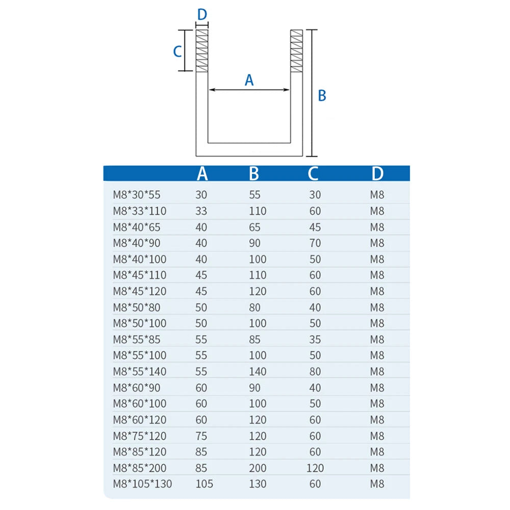 M6 M8 M10 U-Bolt with Plate and Nut — Stainless Steel 304, Multiple Sizes