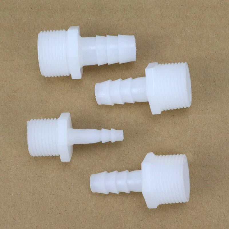 Male Thread Barbed Hose Connector — Straight Plastic Fitting, 1/2" & 3/4" Thread, 4mm–25mm Barb