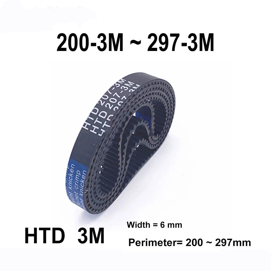 HTD 3M Timing Belt 6mm Wide — Perimeter 201mm to 297mm Closed Loop Drive Belt
