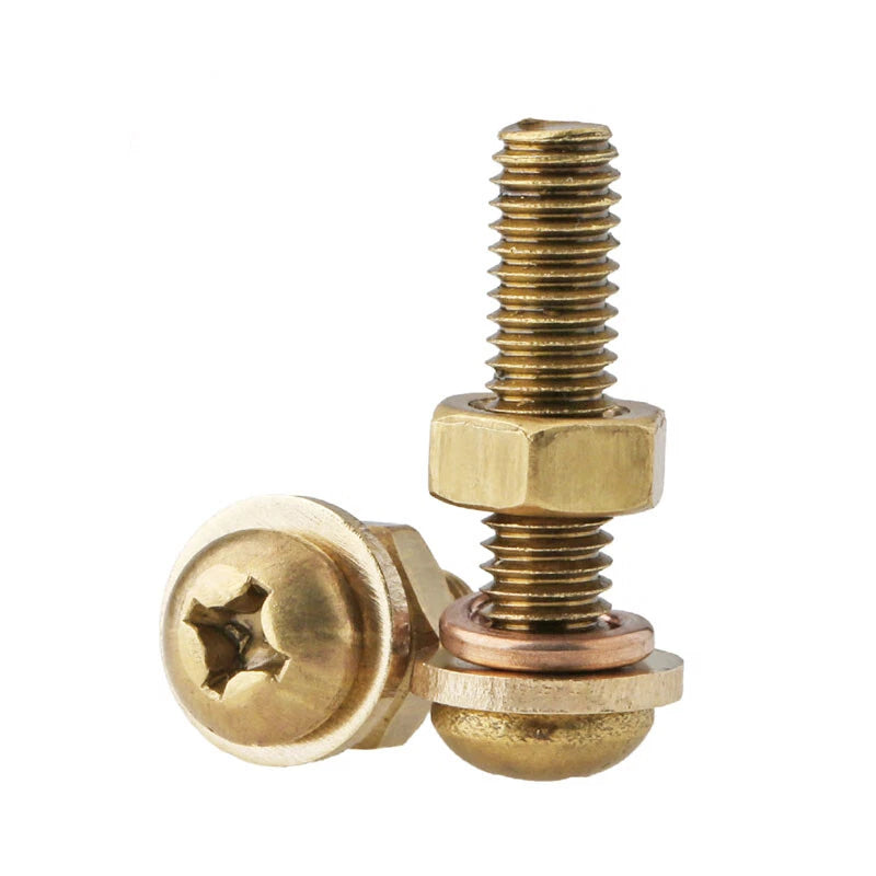 M3 M4 M5 Brass Phillips Pan Head Screws with Washer & Hex Nut – Fully Threaded, Grade 5