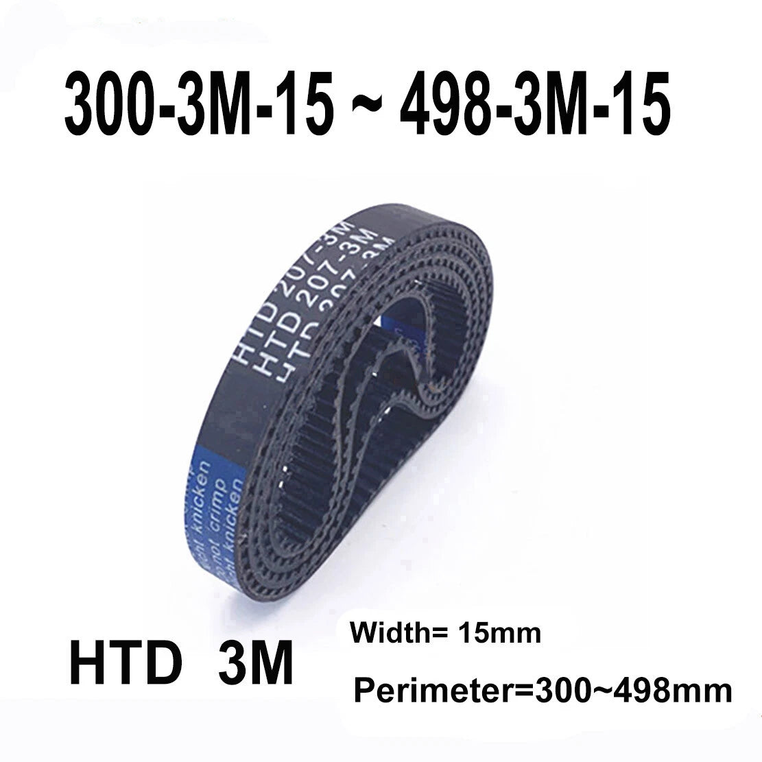 HTD 3M Closed Timing Belt – 15mm Wide, 300mm–498mm Circumference, Arc Tooth Rubber Drive Belt