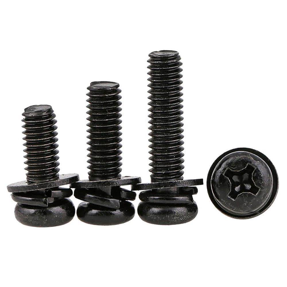 Pozi Pan Head Screws with Flat & Spring Washers – M2 M2.5 M3 M4, Carbon Steel Black Zinc (Length Under Head)