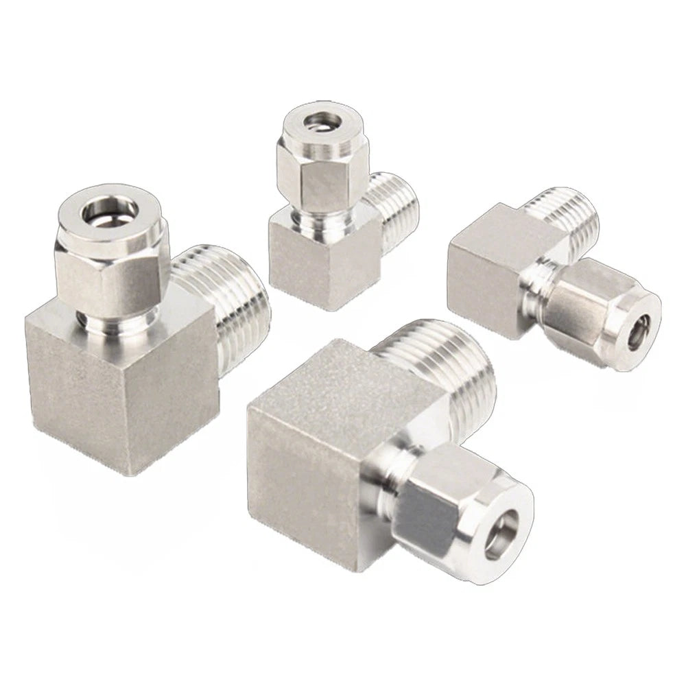304 Stainless Steel Compression Fitting – 90° Elbow Male Connector, BSPT 1/8" to 1/2", Tube OD 6–20mm