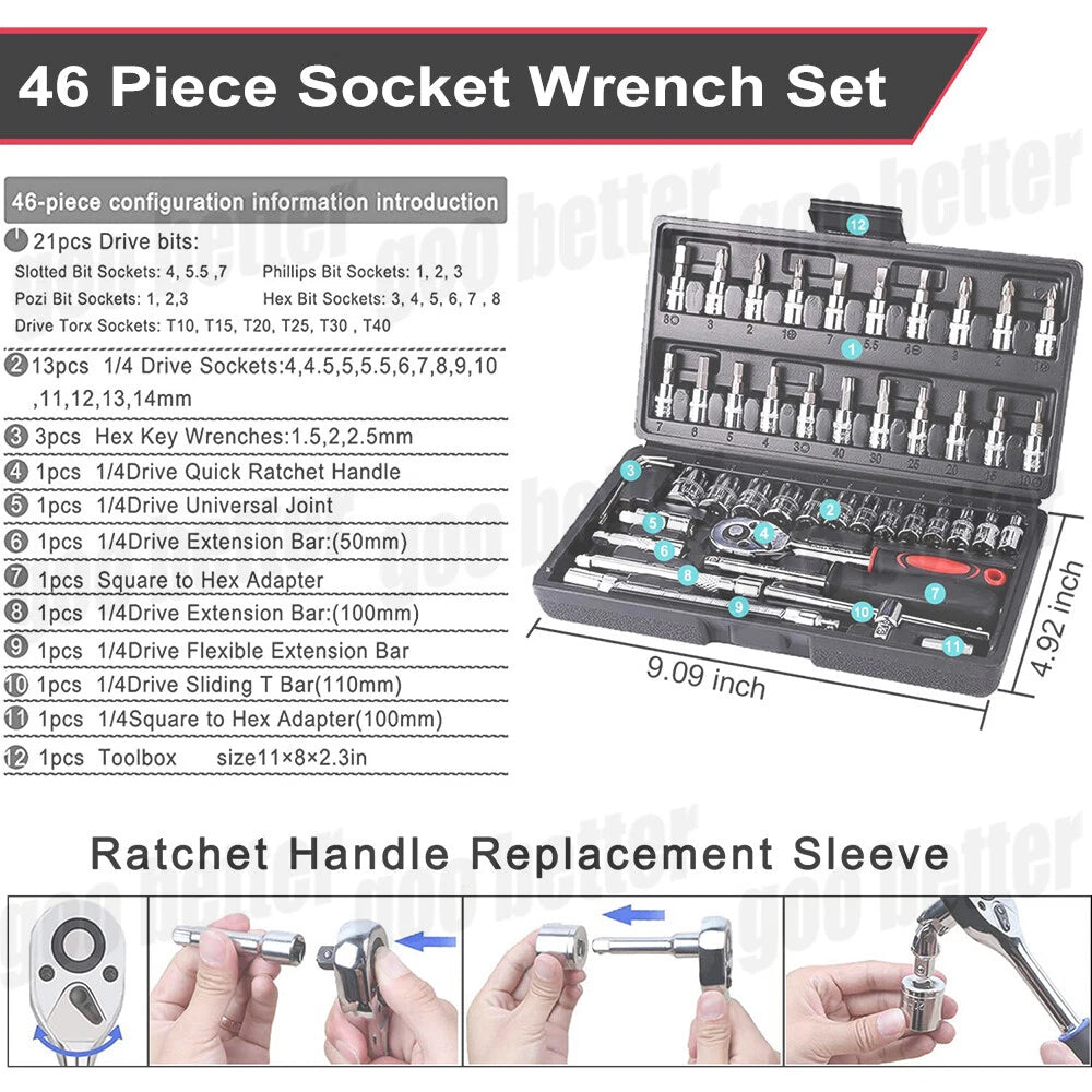 46PCS 1/4" Drive Spanner Socket Ratchet Wrench Set Car Repair Tool Kit with Case