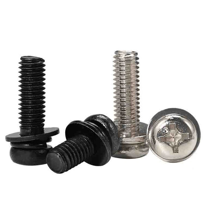Black Zinc Phillips Pan Head Screws with Spring & Flat Washers – M2 to M8, Fully Threaded
