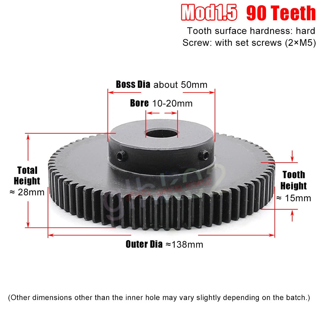 Mod1.5 Steel Pinion Gear Spur Gear 12-100 Teeth 4-25mm Bore With Screw Blackened