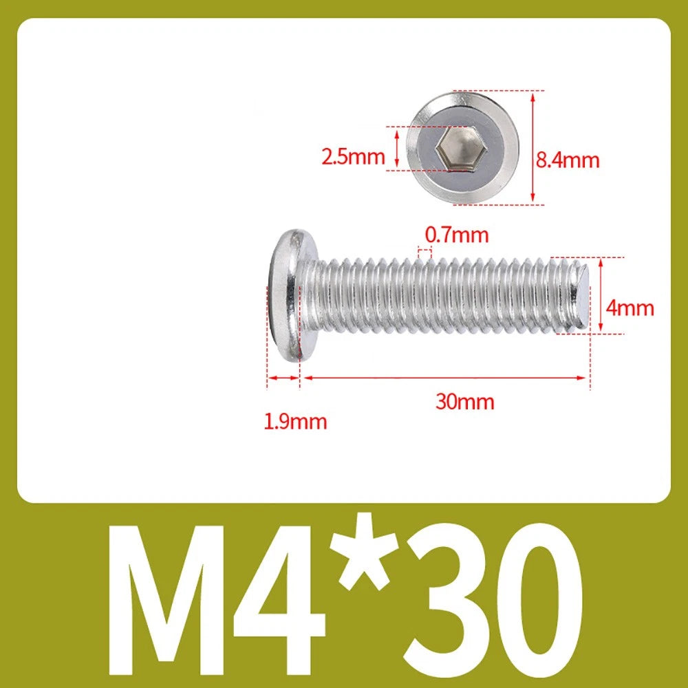 M2 M3 M4 Flat Round Head Hex Socket Screws – A2 Stainless Steel, Fully Threaded (3–50mm)