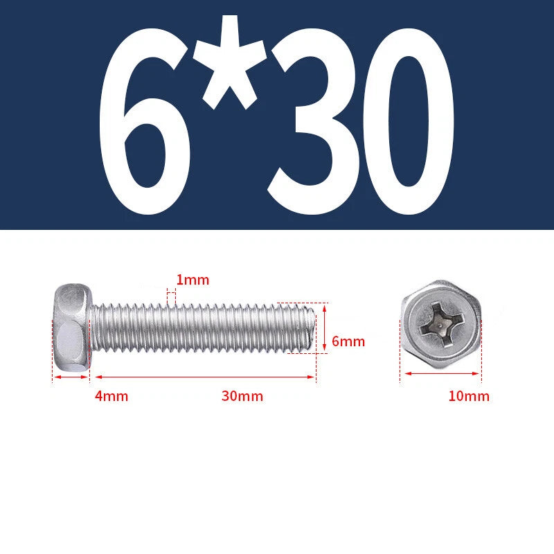 A2 Stainless Steel Hex Head Machine Screws – M3 M4 M5 M6 M8, Fully Threaded (304 Grade)