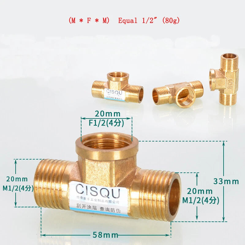 Brass Tee Pipe Fittings – NPT Thread, 1/8" to 2", M/F Configurations