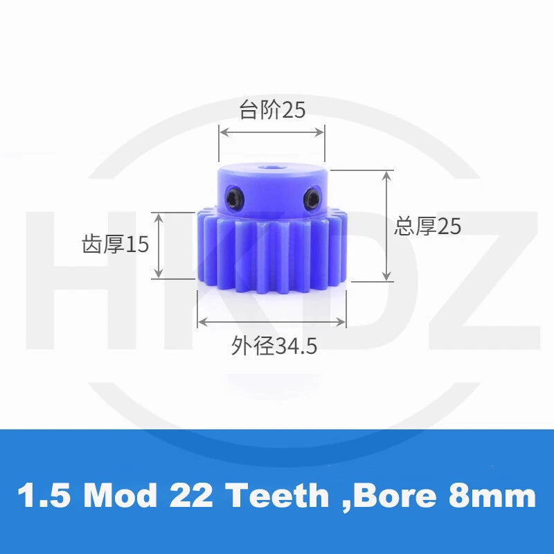 1.5 Mod Blue Nylon Spur Gear 15-60T,Bore 6-12mm Pinion Gear With Step Motor Gear
