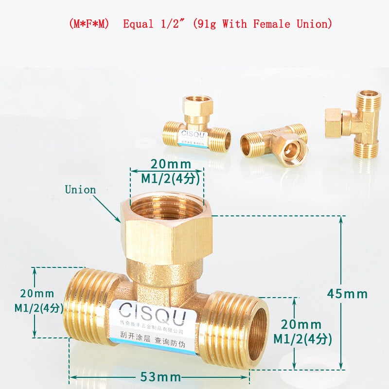 Brass Tee Pipe Fittings – NPT Thread, 1/8" to 2", M/F Configurations